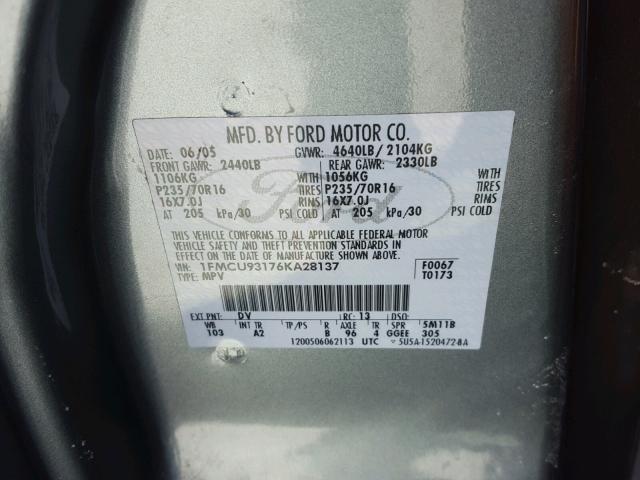 1FMCU93176KA28137 - 2006 FORD ESCAPE XLT GREEN photo 10