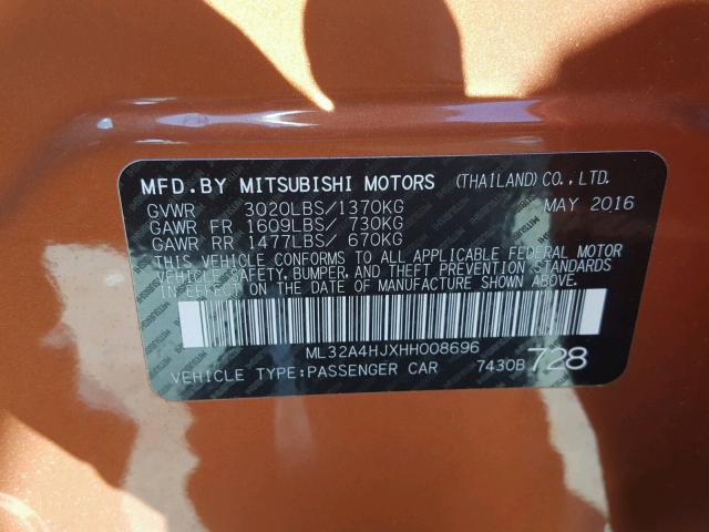 ML32A4HJXHH008696 - 2017 MITSUBISHI MIRAGE SE ORANGE photo 10