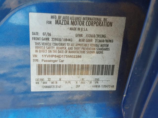 1YVHP84D175M02286 - 2007 MAZDA 6 S BLUE photo 10