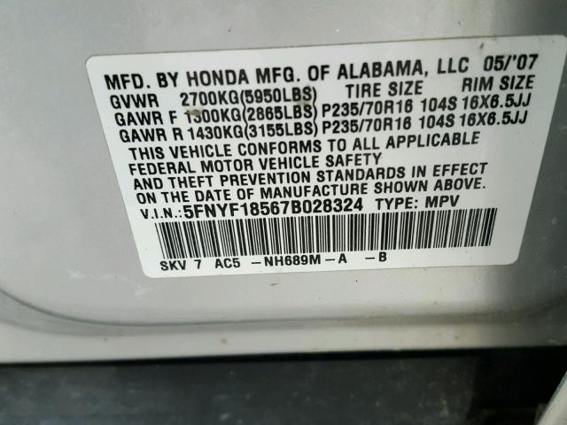 5FNYF18567B028324 - 2007 HONDA PILOT EXL SILVER photo 10