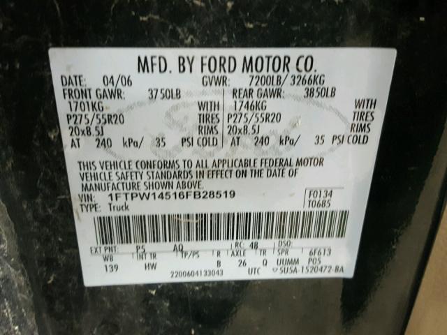 1FTPW14516FB28519 - 2006 FORD F150 SUPER TWO TONE photo 10