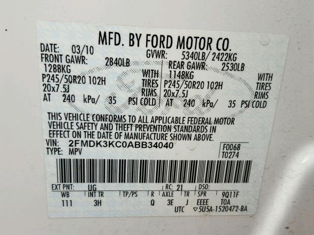 2FMDK3KC0ABB34040 - 2010 FORD EDGE LIMIT WHITE photo 10