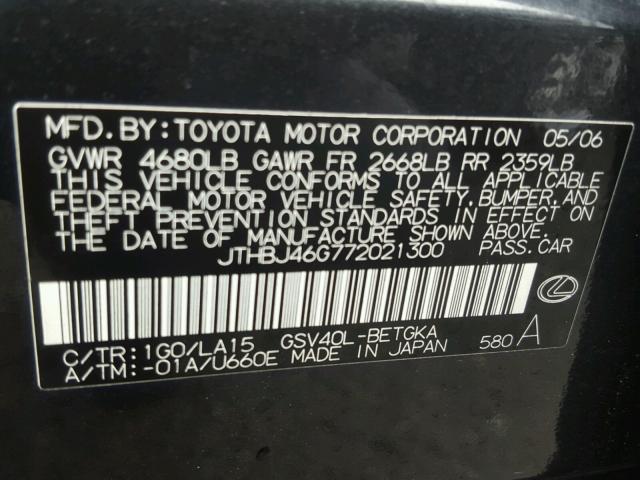 JTHBJ46G772021300 - 2007 LEXUS ES 350 CHARCOAL photo 10