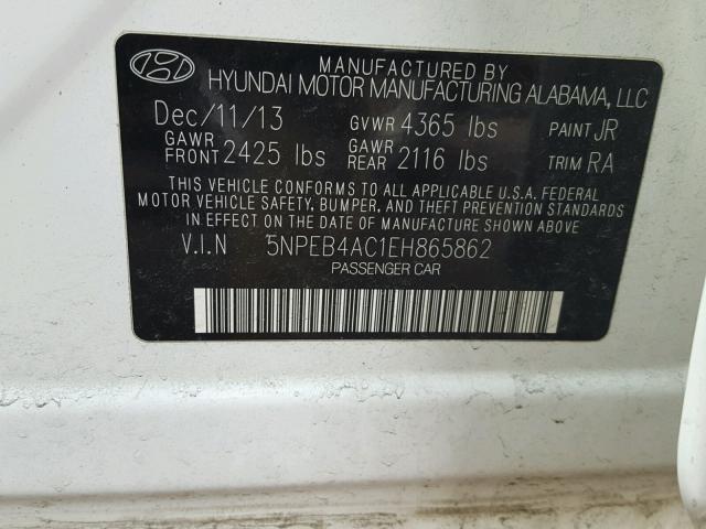 5NPEB4AC1EH865862 - 2014 HYUNDAI SONATA GLS WHITE photo 10