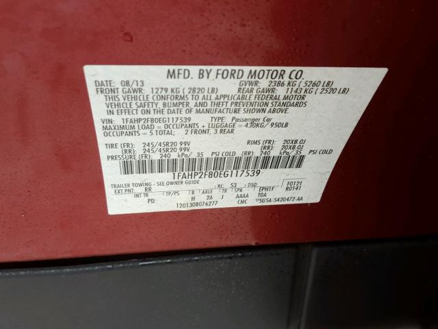 1FAHP2F80EG117539 - 2014 FORD TAURUS LIM RED photo 10