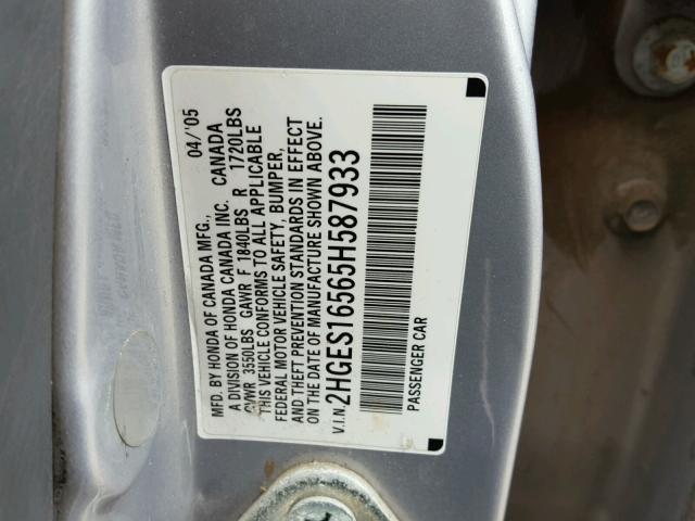 2HGES16565H587933 - 2005 HONDA CIVIC LX SILVER photo 10