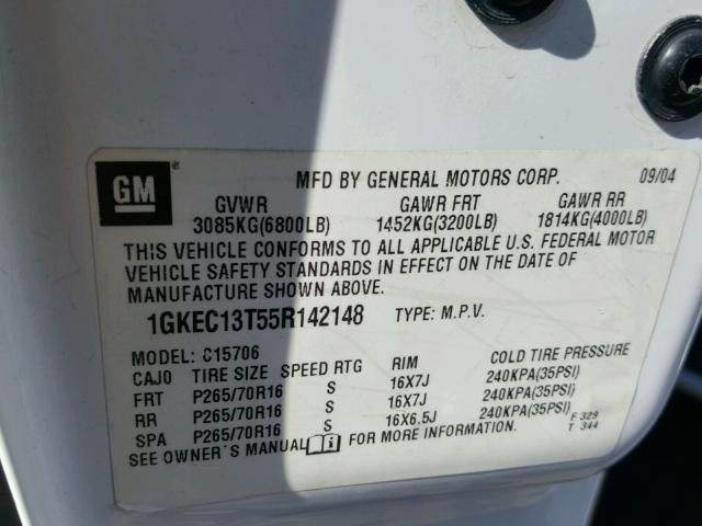 1GKEC13T55R142148 - 2005 GMC YUKON WHITE photo 10