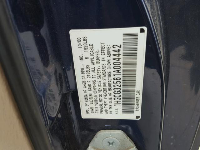 1HGCG32561A004442 - 2001 HONDA ACCORD EX BLUE photo 10