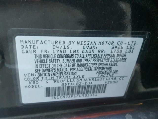 3N1CN7AP1FL931351 - 2015 NISSAN VERSA S GRAY photo 10