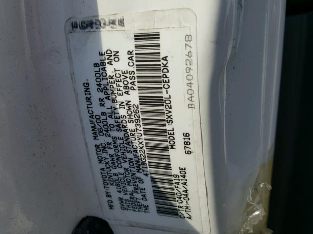 4T1BG22KXYU739262 - 2000 TOYOTA CAMRY CE WHITE photo 10