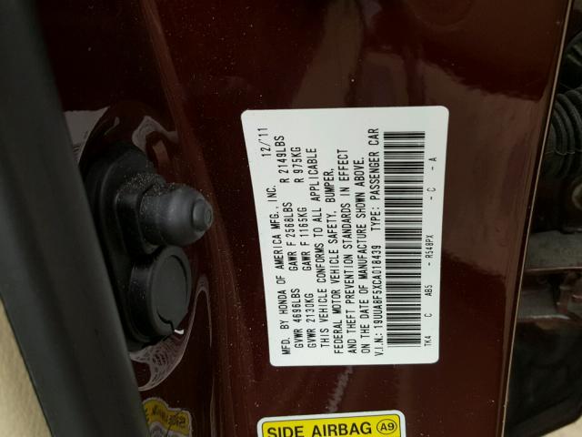 19UUA8F5XCA018439 - 2012 ACURA TL MAROON photo 10