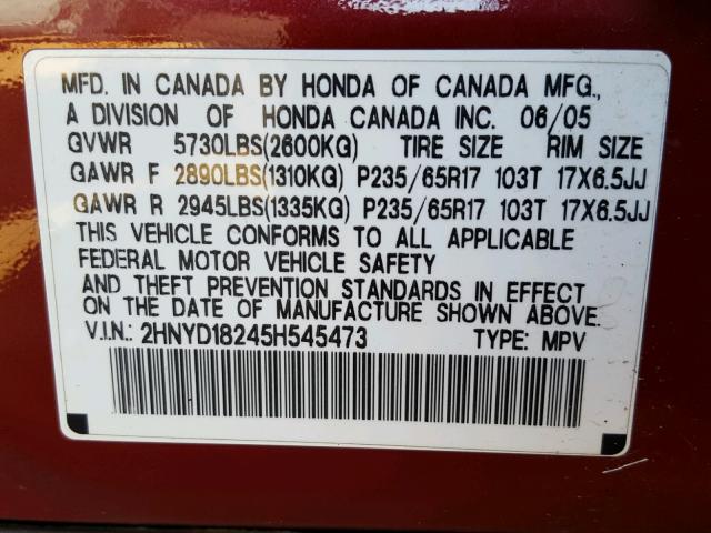 2HNYD18245H545473 - 2005 ACURA MDX RED photo 10