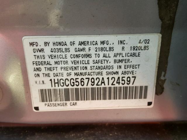 1HGCG56792A124597 - 2002 HONDA ACCORD SE SILVER photo 10