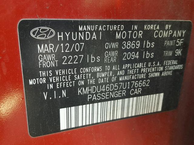 KMHDU46D57U176662 - 2007 HYUNDAI ELANTRA GL RED photo 10