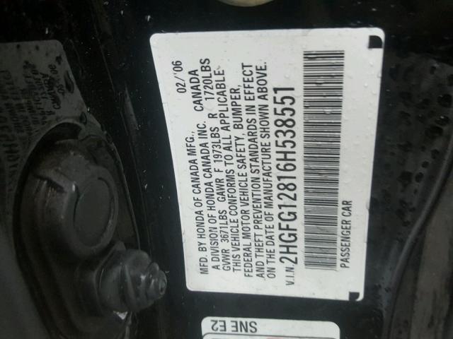 2HGFG12816H538551 - 2006 HONDA CIVIC EX BLACK photo 10