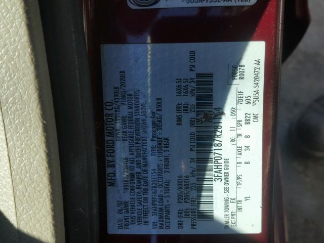 3FAHP07187R281154 - 2007 FORD FUSION SE RED photo 10