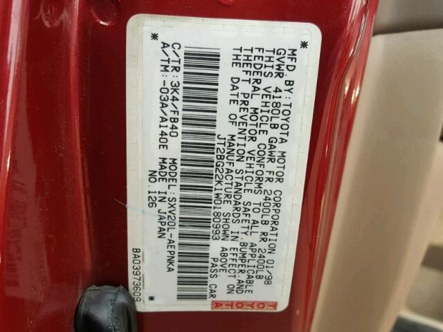 JT2BG22K1W0180993 - 1998 TOYOTA CAMRY CE RED photo 10