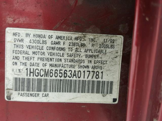 1HGCM66563A017781 - 2003 HONDA ACCORD EX RED photo 10