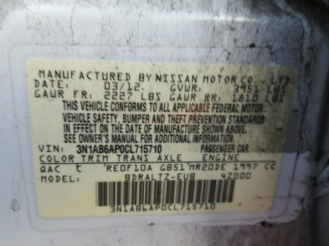 3N1AB6AP0CL715710 - 2012 NISSAN SENTRA 2.0 WHITE photo 10