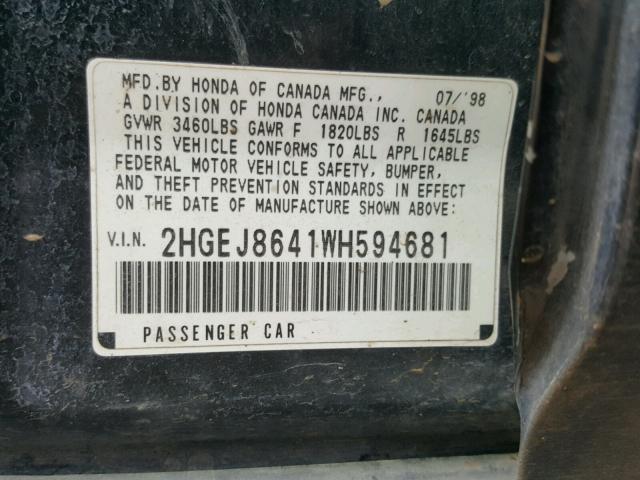 2HGEJ8641WH594681 - 1998 HONDA CIVIC EX შავი ფოტო 10