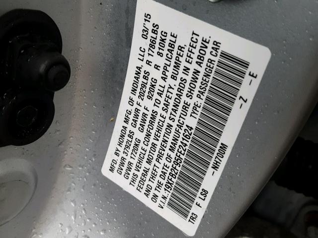 19XFB2F95FE241624 - 2015 HONDA CIVIC EXL GRAY photo 10