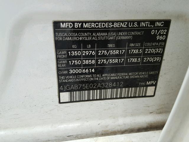 4JGAB75E02A328412 - 2002 MERCEDES-BENZ ML 500 WHITE photo 10