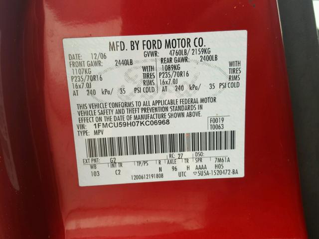 1FMCU59H07KC06968 - 2007 FORD ESCAPE HEV RED photo 10