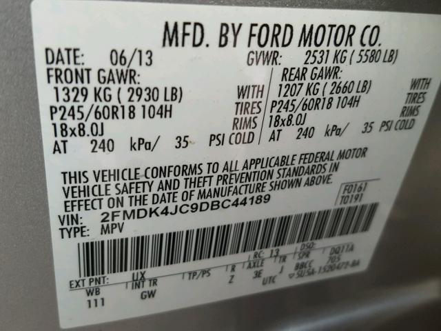 2FMDK4JC9DBC44189 - 2013 FORD EDGE SEL SILVER photo 10