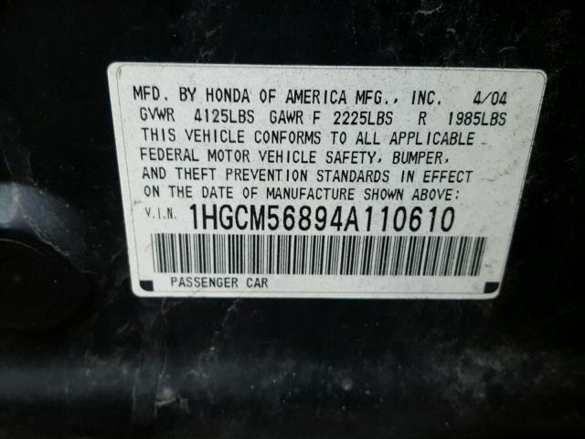 1HGCM56894A110610 - 2004 HONDA ACCORD EX BLACK photo 10