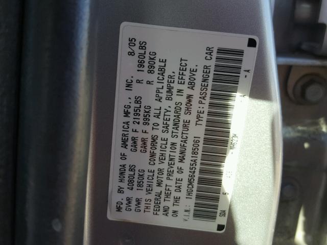 1HGCM56455A185061 - 2005 HONDA ACCORD LX SILVER photo 10