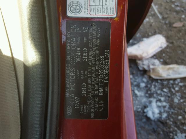 KNAFE121X85551538 - 2008 KIA SPECTRA EX RED photo 10