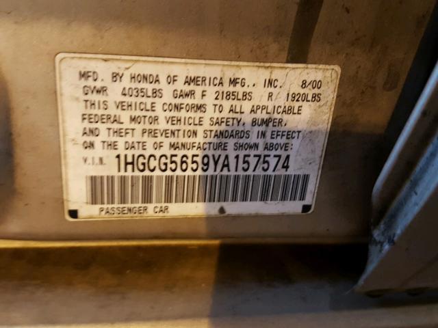 1HGCG5659YA157574 - 2000 HONDA ACCORD EX GOLD photo 10