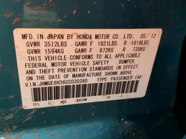 JHMGE8H36CC030280 - 2012 HONDA FIT GREEN photo 10