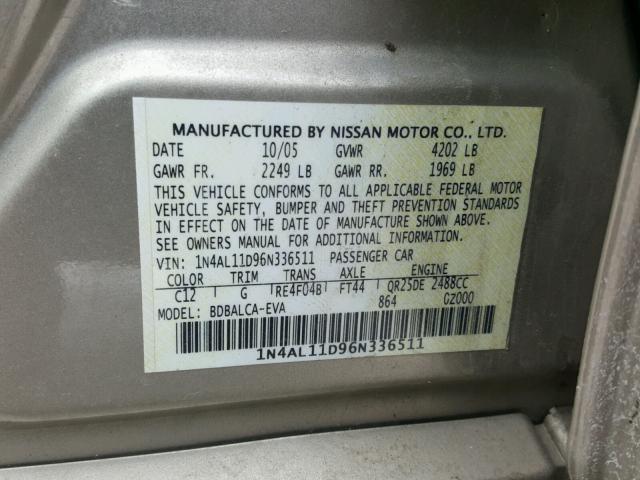 1N4AL11D96N336511 - 2006 NISSAN ALTIMA S BEIGE photo 10