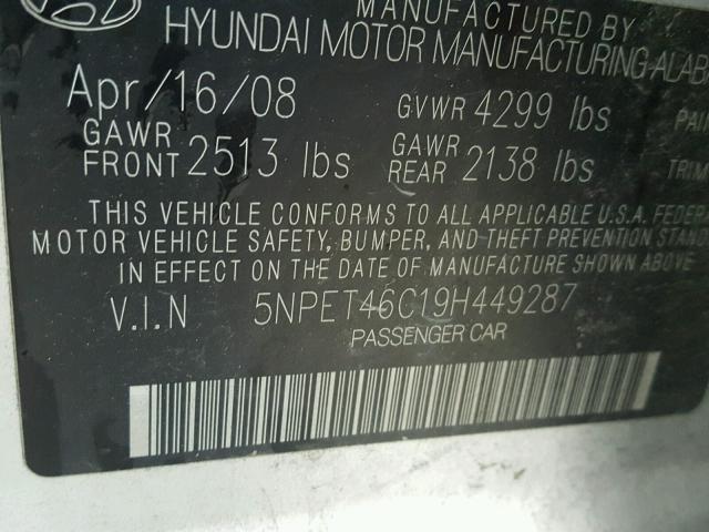 5NPET46C19H449287 - 2009 HYUNDAI SONATA GLS GRAY photo 10