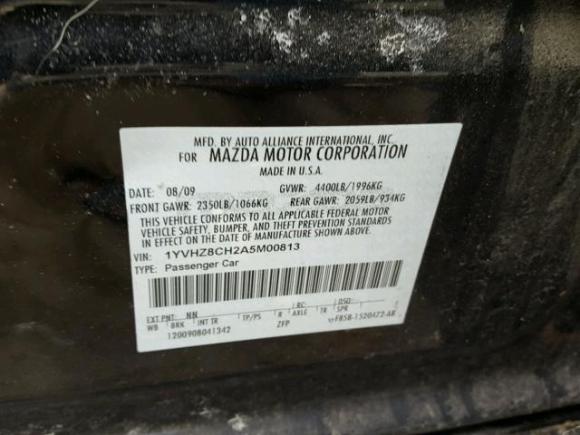1YVHZ8CH2A5M00813 - 2010 MAZDA 6 I Noir photo 10