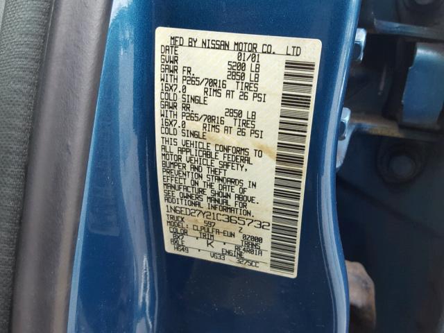 1N6ED27Y21C365732 - 2001 NISSAN FRONTIER C BLUE photo 10