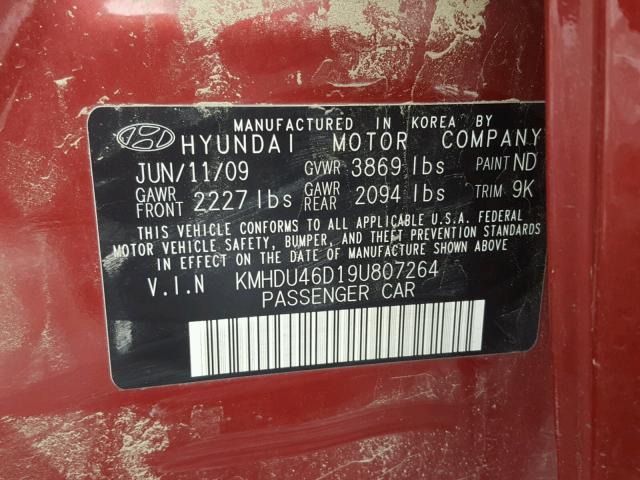 KMHDU46D19U807264 - 2009 HYUNDAI ELANTRA GL RED photo 10