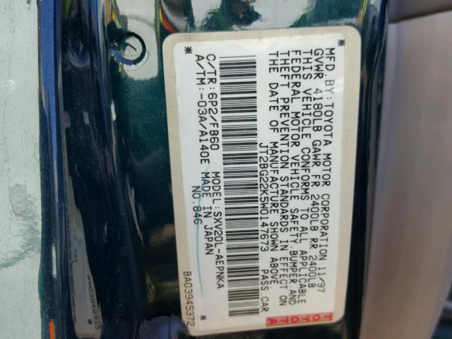 JT2BG22K5W0147673 - 1998 TOYOTA CAMRY CE GREEN photo 10