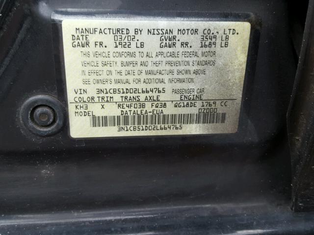 3N1CB51D02L664765 - 2002 NISSAN SENTRA XE BLACK photo 10