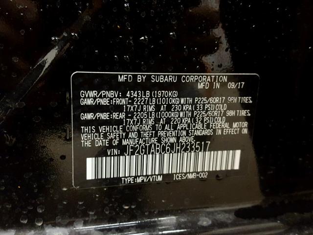 JF2GTABC6JH233517 - 2018 SUBARU CROSSTREK BLACK photo 10