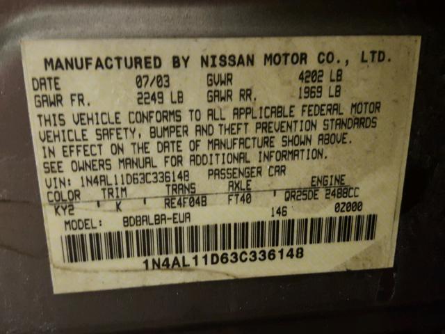 1N4AL11D63C336148 - 2003 NISSAN ALTIMA BAS BEIGE photo 10