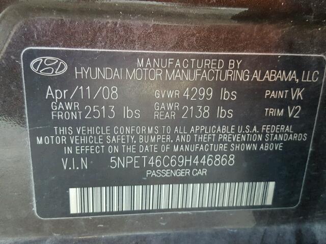 5NPET46C69H446868 - 2009 HYUNDAI SONATA GLS BLACK photo 10