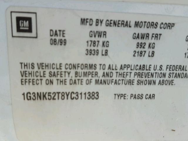 1G3NK52T8YC311383 - 2000 OLDSMOBILE ALERO GX WHITE photo 10