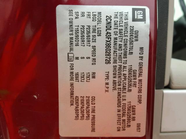 2CNDL43FX86028726 - 2008 CHEVROLET EQUINOX LT BURGUNDY photo 10