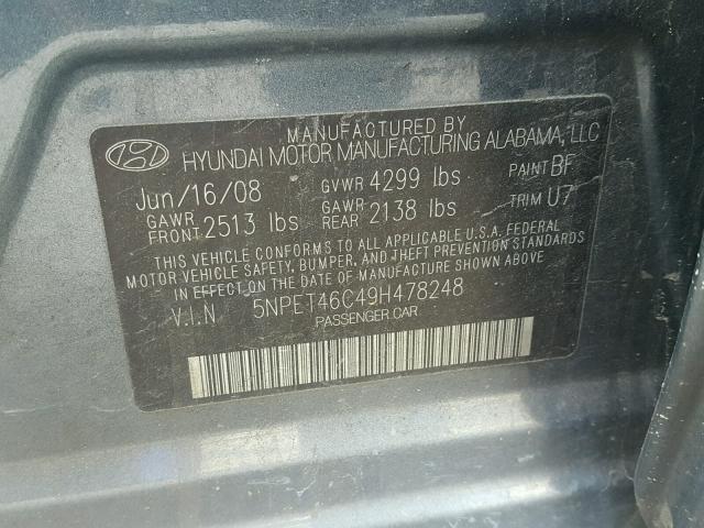 5NPET46C49H478248 - 2009 HYUNDAI SONATA GLS GRAY photo 10