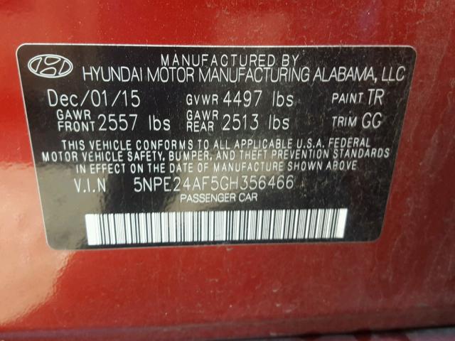 5NPE24AF5GH356466 - 2016 HYUNDAI SONATA SE RED photo 10