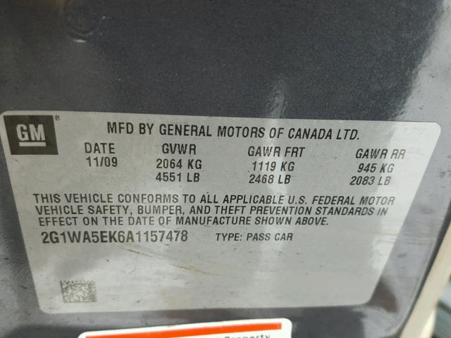 2G1WA5EK6A1157478 - 2010 CHEVROLET IMPALA LS GRAY photo 10