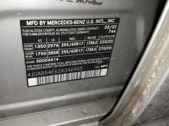 4JGAB54E62A346905 - 2002 MERCEDES-BENZ ML 320 SILVER photo 10