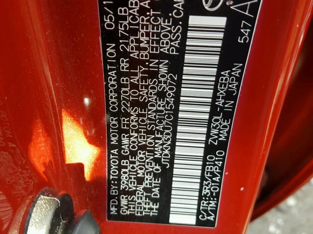 JTDKN3DU7C1549072 - 2012 TOYOTA PRIUS RED photo 10